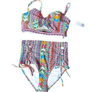 Forever21 Plus Geo Print Bikini Underwire Top Lace Up High Rise Bottoms …